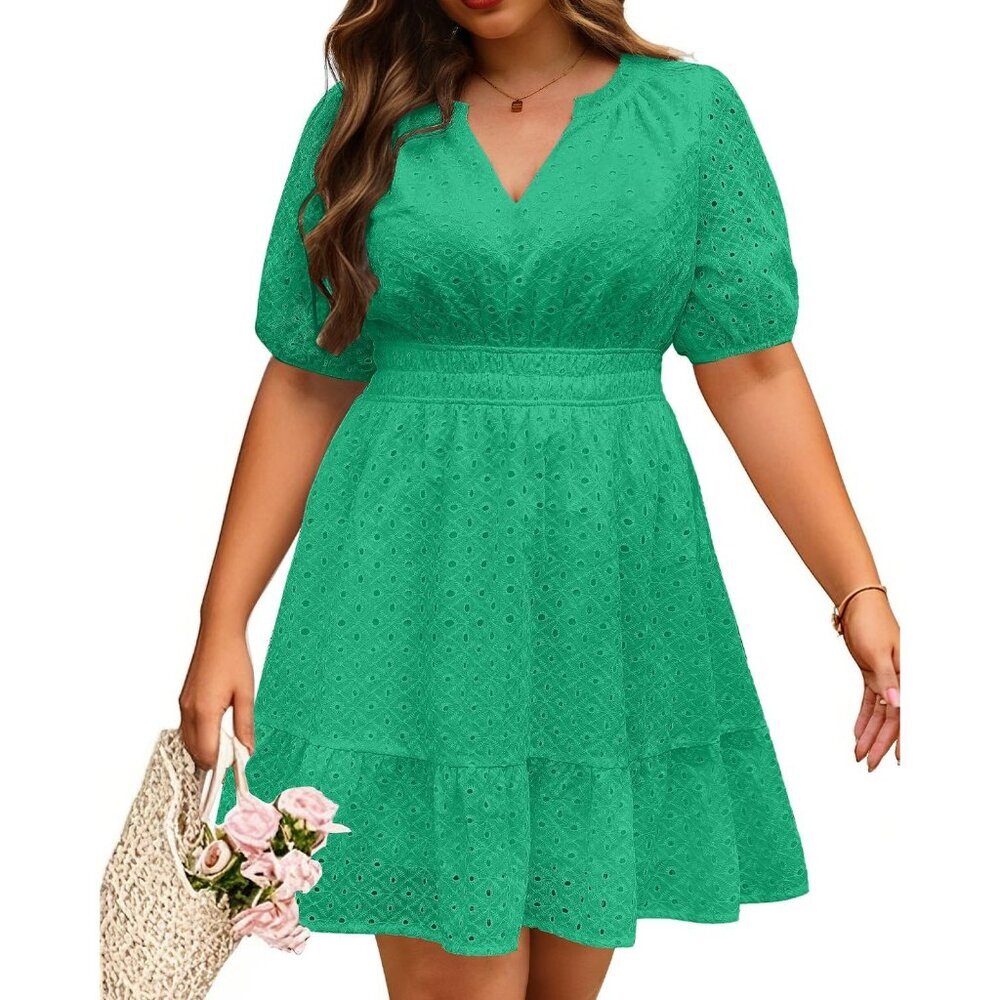 Women's Plus Size Summer Dress Casual Hollow Out Lace Ruffle Aline